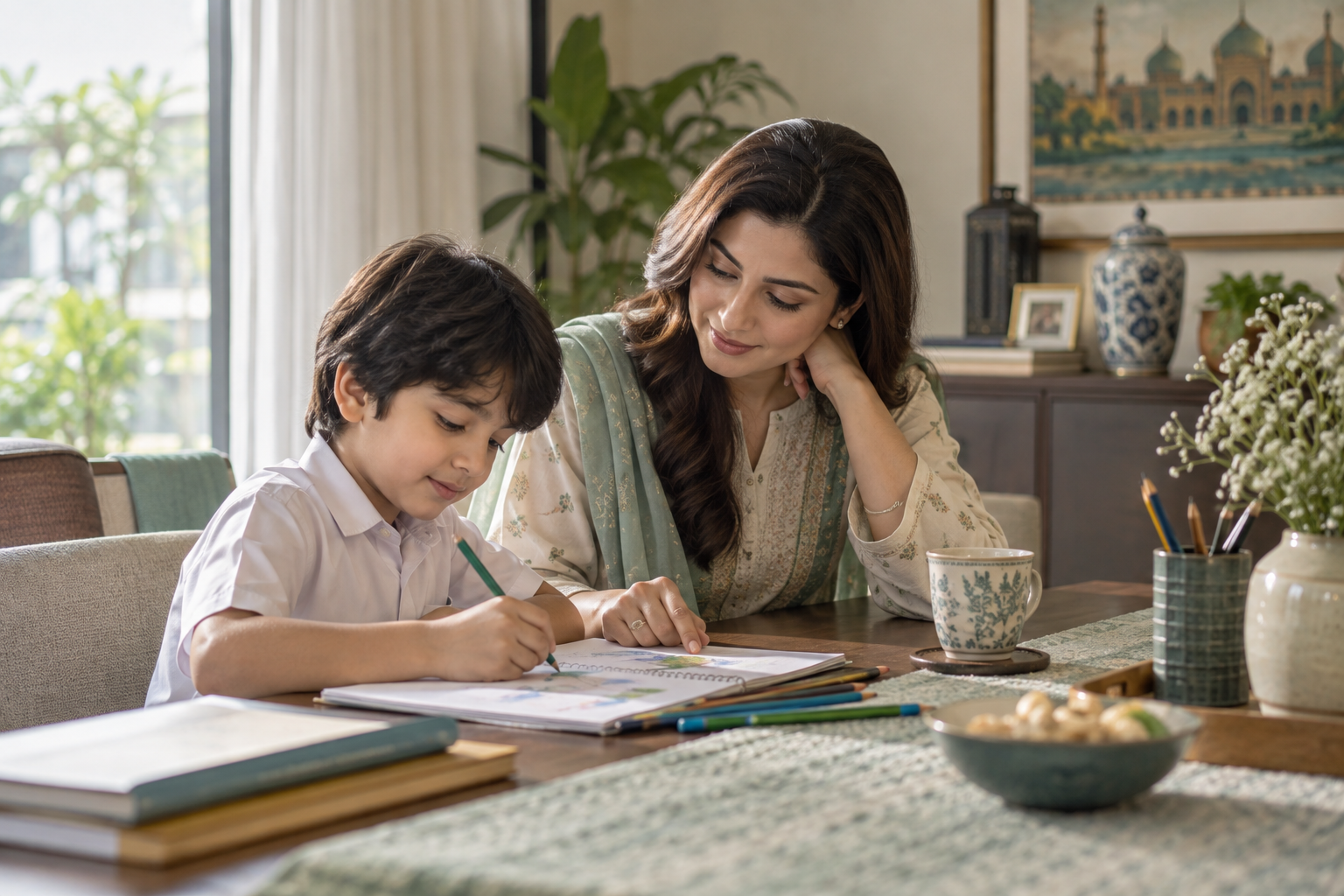 Parent helping a child with school work at home