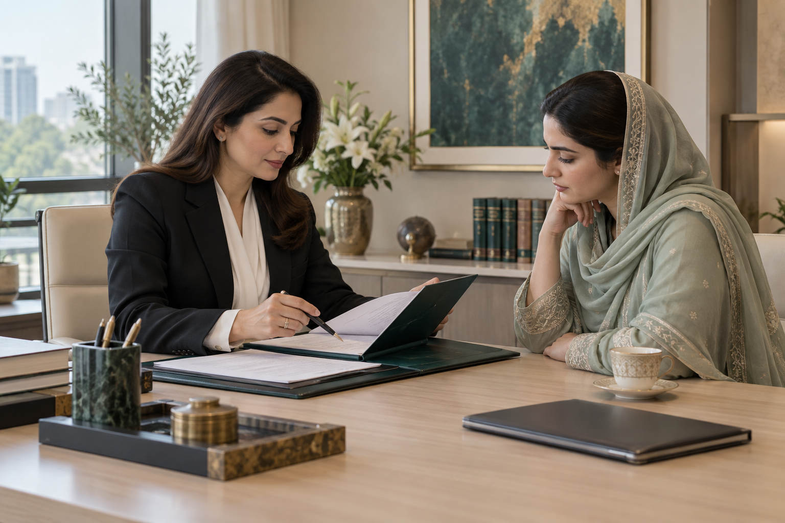 Lawyer reviewing family law documents with a client